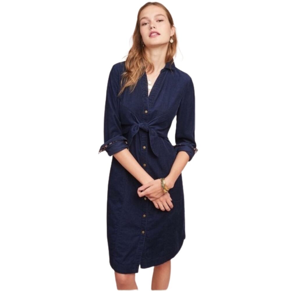 Anthropologie Maeve Dress Womens Size 12 Blue Winchester Tie Corduroy Mini Shirt - Picture 1 of 12